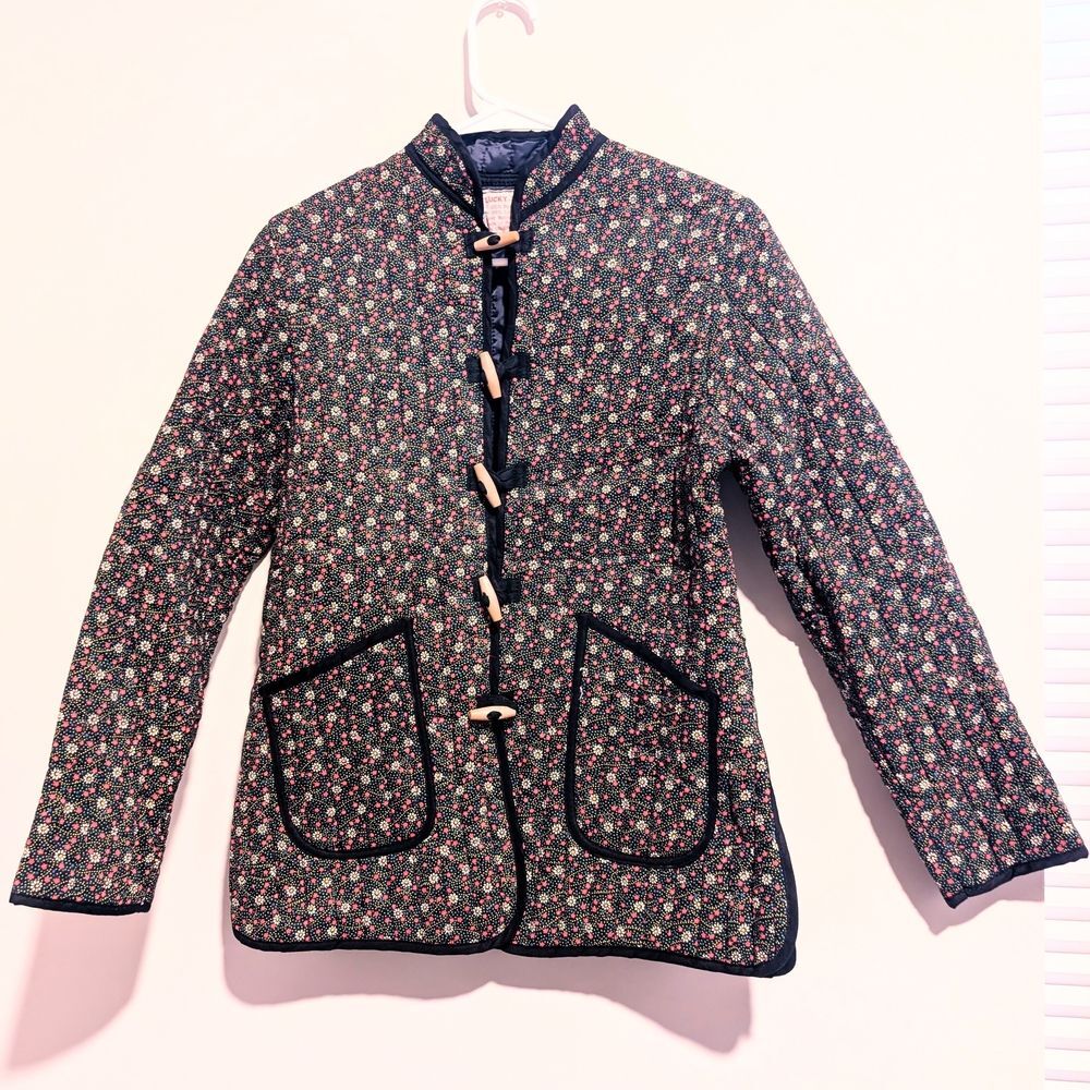 Vintage Quilted Boho Red Floral Print Toggle Closure Jacket
